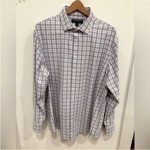 Mizzen + Main long sleeve button front shirt mens XL white blue with red accents